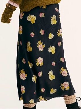 Free People Kendall Black Midi Skirt with Pink and Yellow Floral Print
